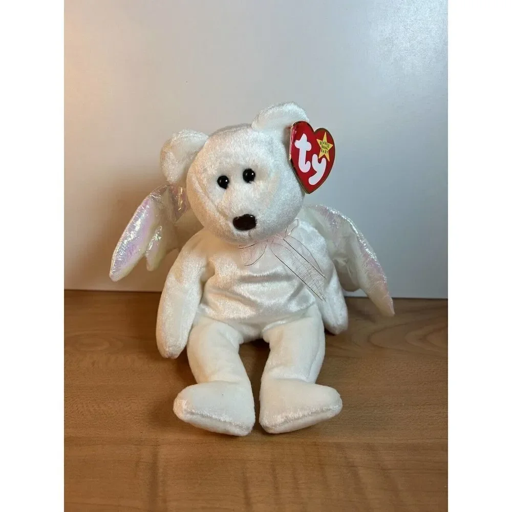 Retired Ty Beanie Babies Halo the Angel Bear Toy With Brown Nose, 1998